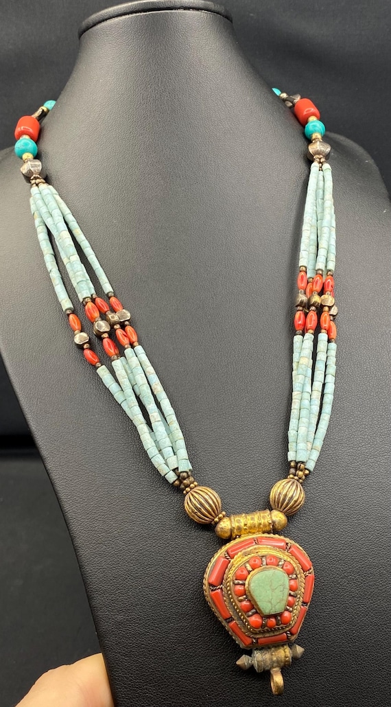 Vintage Turquoise and Coral Necklace: Beaded Nepal Jewelry - Etsy