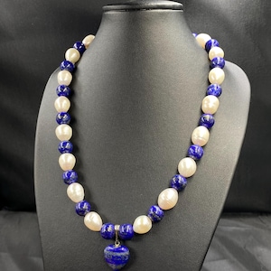 Beautiful natural Fresh water pearls with natural lapis lazuli  Beaded Necklace