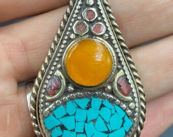 Tibetan Turquoise & Coral Pendant: Nepalese Gemstone Jewelry