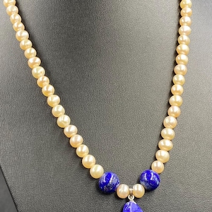 Beautiful natural Fresh water pearls with natural lapis lazuli  Beaded Necklace