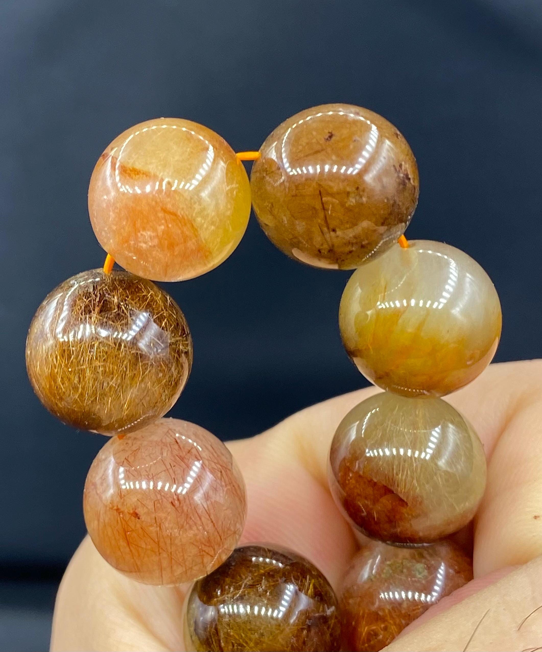ルチルクォーツビーズブレスレット：天然ブラウンストーン、15mm