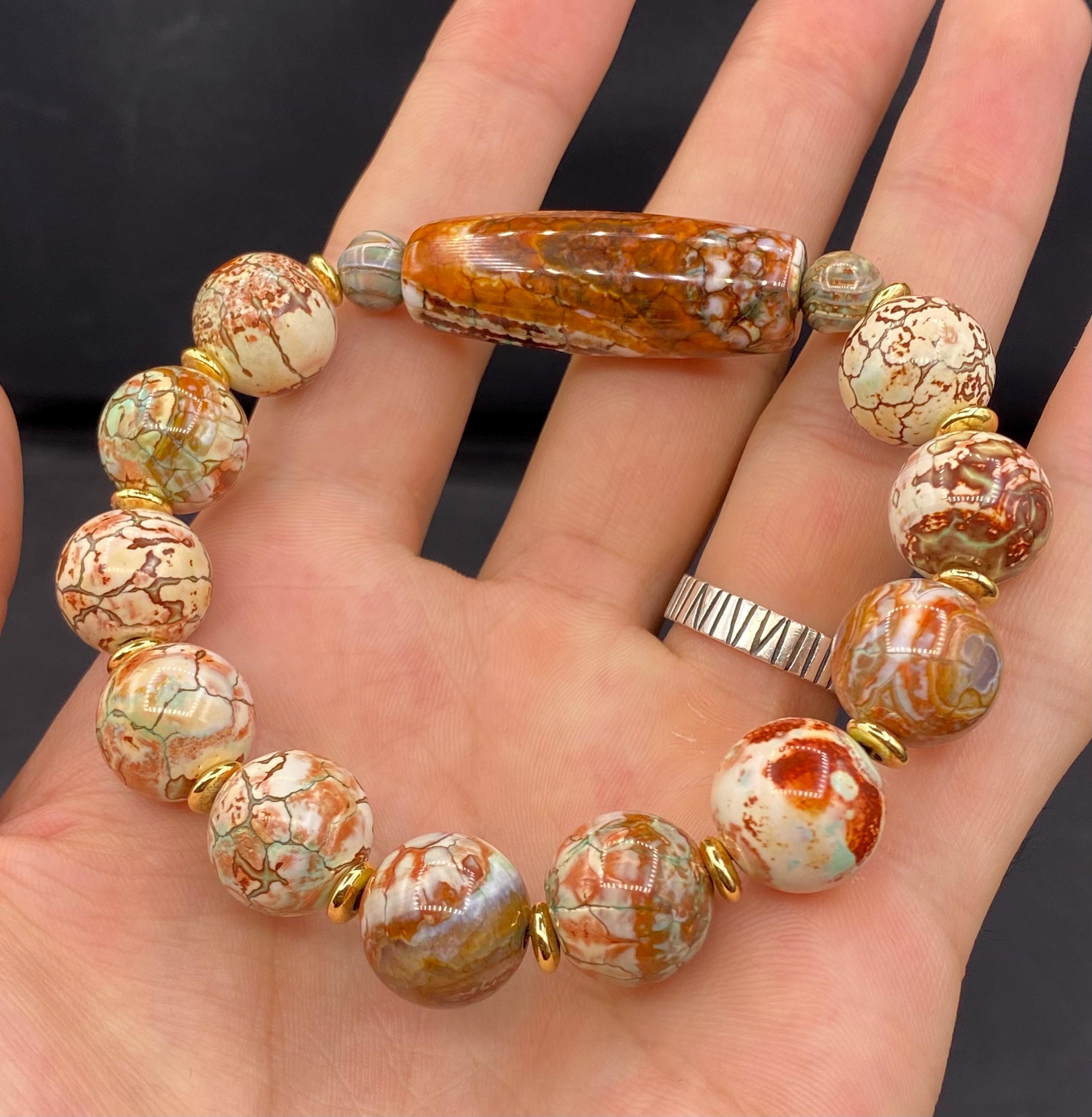 ヴィンテージ瑪瑙ビーズブレスレット：アンティークAqeeq宝石