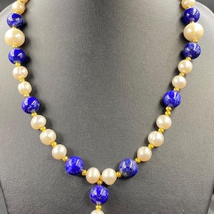 Beautiful natural Fresh water pearls with natural lapis lazuli  Beaded Necklace