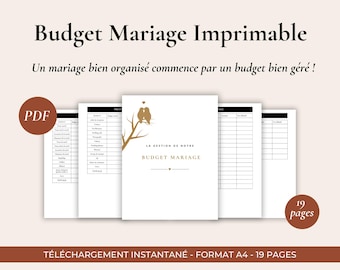 May include: A printable wedding budget planner with 19 pages. The cover features a gold silhouette of two birds on a branch with a heart above them. The text "La Gestion de Notre Budget Mariage" is printed in black below the birds.