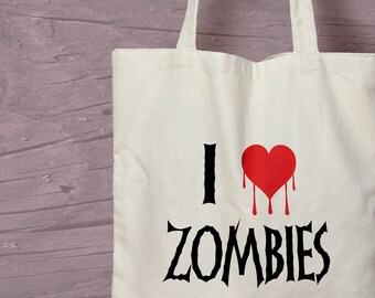I Love Zombies Printed Cotton Tote Bag