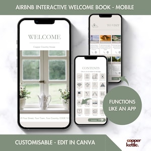 Op de afbeelding: Drie smartphones die een interactief Airbnb welkomstboek tonen. De schermen tonen een welkomstpagina, een inhoudspagina met pictogrammen en een 'te bezoeken' pagina. De tekst luidt 'Welkom', 'Inhoud' en 'Werkt als een app'. De onderste tekst zegt 'Aanpasbaar - Bewerken in Canva'.