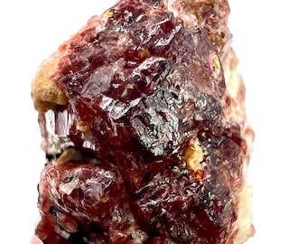 Puede incluir: Un racimo de cristales de granate rojo oscuro en bruto con superficies translúcidas facetadas en tonos carmesí y pequeñas inclusiones de matriz mineral beige más clara incrustadas en la estructura cristalina irregular.