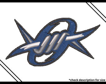 May include: Digitized machine embroidery file featuring a 3D puff design. The design is a stylized barbed wire emblem in shades of blue, gray, and white. The text "3D PUFF" is at the bottom, with a note to check the description for size.