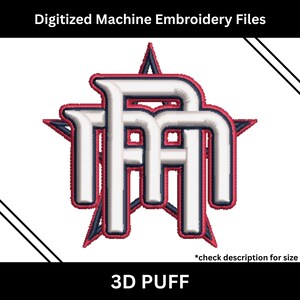 May include: Digitized machine embroidery file with a 3D puff design. The design is a stylized monogram in white with red and navy blue accents, set within a star shape. The text "3D PUFF" is at the bottom.