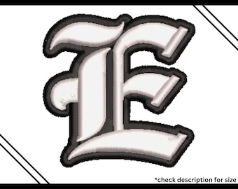 May include: A digitized machine embroidery file featuring a 3D puff design of the letter "E" in a gothic font. The letter is white with a black outline and a gray shadow effect, set against a white background. The text "3D PUFF" is at the bottom.