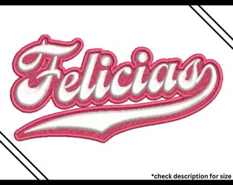 May include: A 3D puff embroidery design featuring the name "Felicia" in a script font. The text is white with a pink outline and a pink shadow. The design is for digitized machine embroidery files.