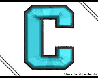 May include: A digitized machine embroidery file featuring a 3D puff design of the letter "C" in a vibrant turquoise color. The letter has a black outline and the text "3D PUFF" is at the bottom. The text "Digitized Machine Embroidery Files" is at the top.