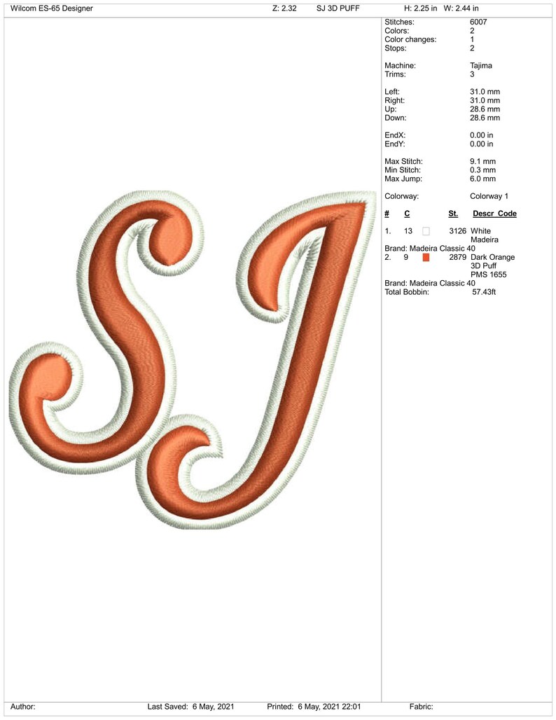 SJ Monogram 3D Puff Embroidery Design | Script Letters Machine ...