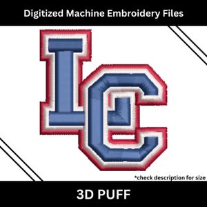 Puede incluir: Archivo de bordado a máquina digitalizado con las letras "LC" en un diseño 3D en relieve. Las letras son azules con un contorno blanco y rojo, sobre un fondo blanco. También está presente el texto "Digitized Machine Embroidery Files" y "3D PUFF".