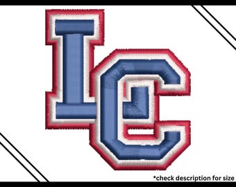 May include: Digitized machine embroidery file featuring the letters "LC" in a 3D puff design. The letters are blue with a white and red outline, set against a white background. The text "Digitized Machine Embroidery Files" and "3D PUFF" are also present.