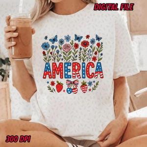 Floral American Flag PNG, 4th of July PNG, America Png, Patriotic PNG Design, Coquette 4th Of July Png, Retro 4th of July Png Designs