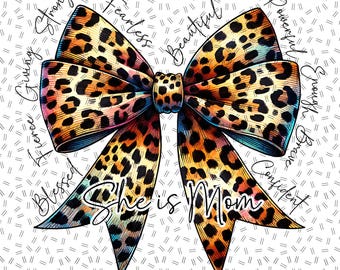 Ella es mamá, mujer cristiana con lazo de leopardo PNG, lazo de leopardo PNG, regalo de Pascua para mujeres cristianas SVG, versículos bíblicos religiosos. Ella es bendecida y fuerte.