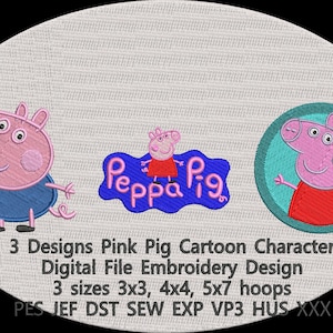 Pink Pig Cartoon Character Digital File Embroidery Design bundle 3 sizes pes jef dst sew vp3 hus exp xxx