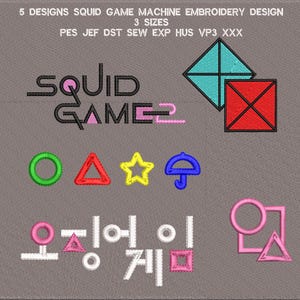 Może przedstawiać: Pliki do haftu z motywem gry w kalmary. Projekt zawiera napis "Squid Game" w stylizowanym foncie, symbole gry oraz koreański tekst "오징어 게임", który tłumaczy się jako "Squid Game".