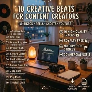 Peut inclure: Une publicité pour un produit numérique intitulée 10 Creative Beats for Content Creators, listant dix genres musicaux dont Afrobeat Pop et Tropical Chill. L'image montre un ordinateur portable, un casque et une lampe sur un bureau en bois.