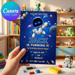 May include: A rectangular birthday invitation card featuring a blue space theme with a white and blue robot, planets, and stars. The text reads: YOU'RE INVITED! JACK IS TURNING 9! Let the Birthday Adventure Begin! August 20, 2026, 7pm, 465 Raven St. RSVP: ANNE / 123-4567.