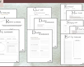 May include: A collection of printable party planner pages with headings like "Guest List," "Decorations & Ambiance," and "Event Day Timeline." The pages are black text on a white background. The words "Party Planner" are at the top.