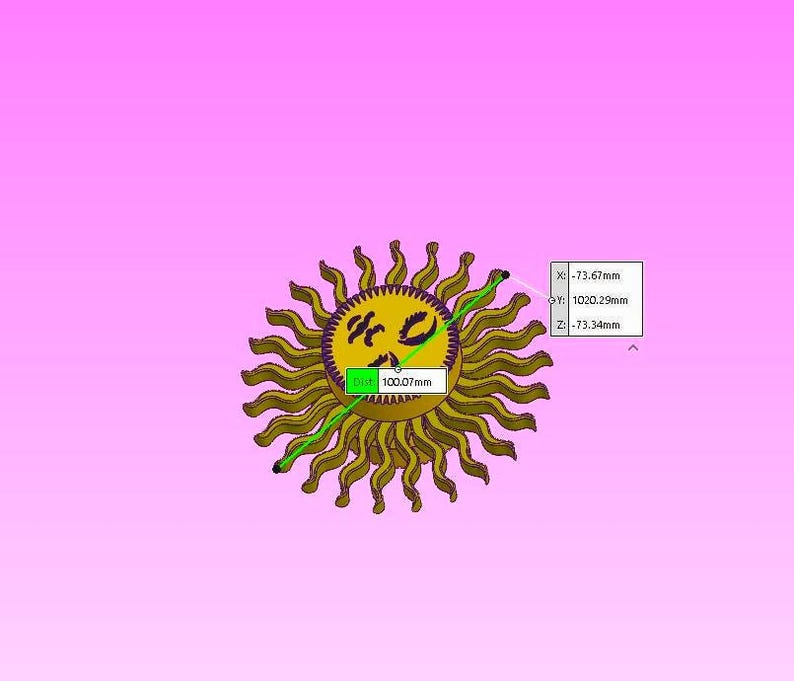 Puede incluir: Un dise&ntilde;o de sol estilizado con una cara sonriente, con una combinaci&oacute;n de colores amarillo y morado. La imagen incluye etiquetas de medici&oacute;n en mil&iacute;metros, con una distancia de 100,07 mm. El fondo es un degradado de rosa y morado.