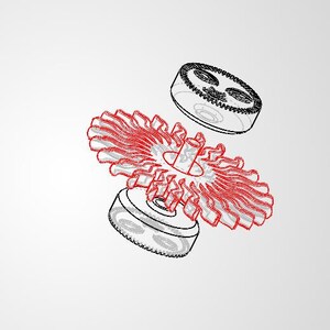 Puede incluir: Ilustraci&oacute;n de componentes mec&aacute;nicos, con un engranaje central rojo y gris de dise&ntilde;o complejo, y dos engranajes circulares. Los engranajes est&aacute;n delineados en negro, sobre un fondo blanco.