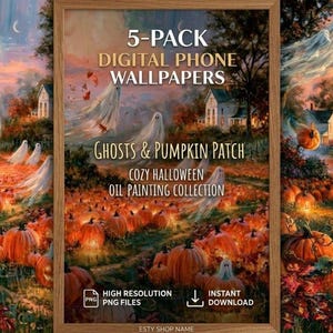5-Pack Digital Phone Wallpapers: Cozy Halloween Oil Painting Ghosts & Pumpkin Patch