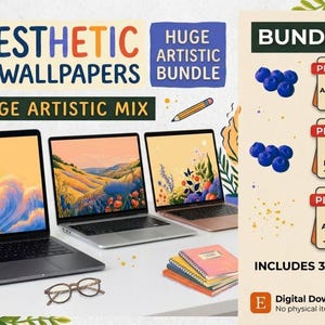 以下が含まれることがあります： 17種類以上の美しいノートパソコン用壁紙のデジタル製品バンドル。自然をテーマにした背景を表示する3台のノートパソコン、ノートの束、眼鏡、およびAesthetic Lotus、Zen Nature、Artistic Mixとラベル付けされた3つのPDFファイルが含まれています。