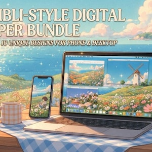 May include: A digital wallpaper bundle featuring ten designs for phone and desktop. The image displays a laptop and smartphone on a table with a checkered cloth, a mug, and flowers, showing the text COZY GHIBLI-STYLE DIGITAL WALLPAPER BUNDLE.