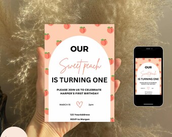 Sweet Peach First Birthday Invitation – Peach Themed Party Invite Personalised Template