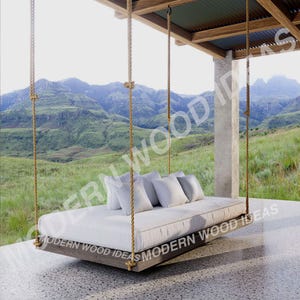 KOSTENFREIER VERSAND - Veranda Schaukel Bett - Holz Veranda Schaukel - Natürliche Massivholz Bett - Outdoor & Indoor Schaukel mit Jute Seil - Hängende Schaukel Bett
