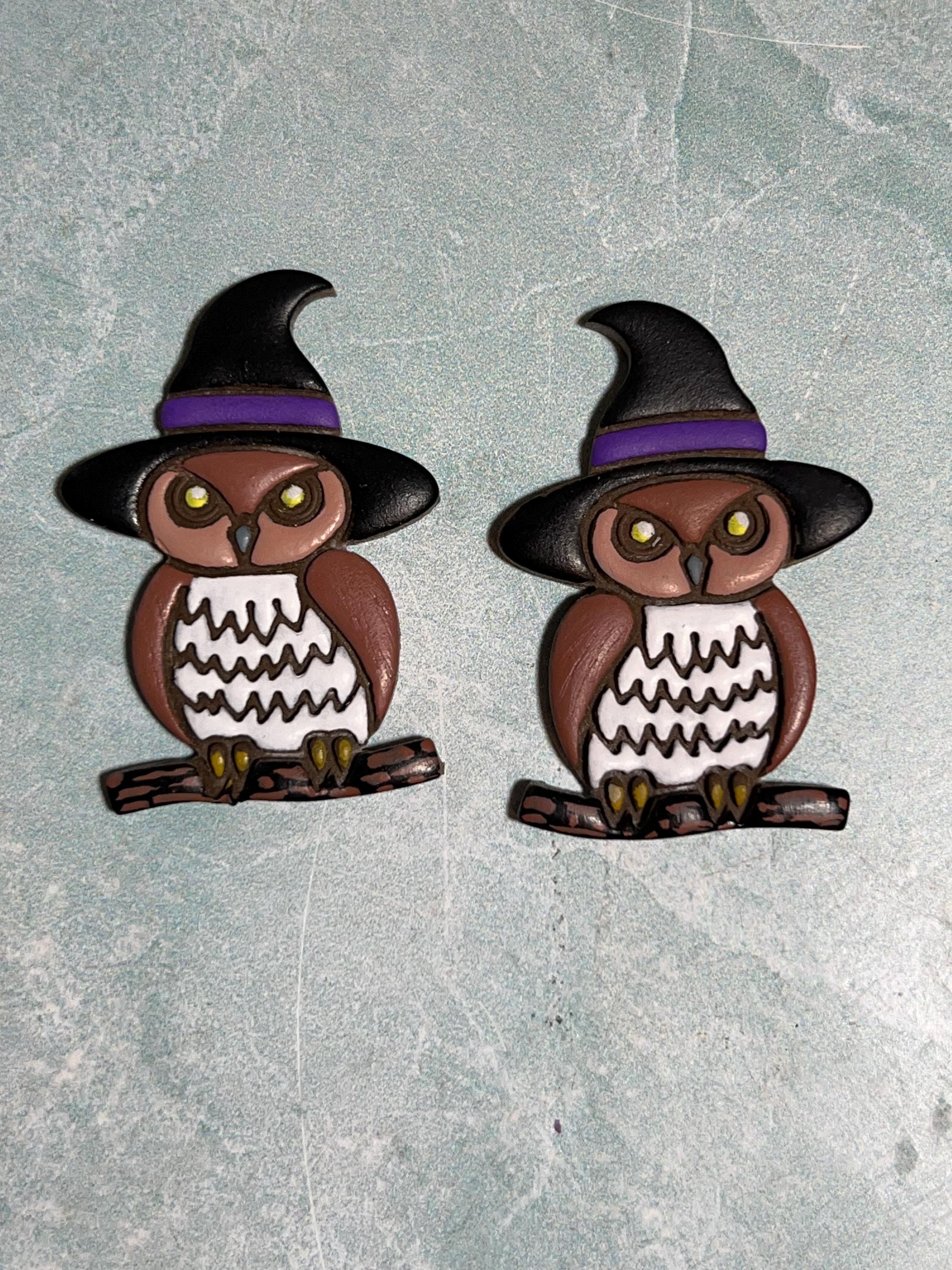 Handmade polymer clay owl with a witch hat earrings.