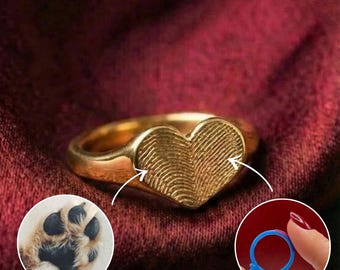 Heart Fingerprint Ring, Custom Signet Ring, Personalized Gift, Memorial Jewelry, Girlfriend Gift, Dog Nose Ring