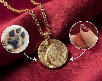 Personalized round silver fingerprint necklace, baby or pet fingerprint jewelry, unique handmade keepsake gift, paw print