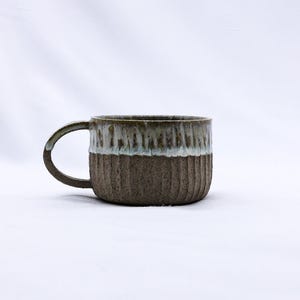 Handmade Ceramic Coffee Mug | Rustic Mug | 8.5 oz Stoneware Mug | Beige Glaze Ceramic | Smoked Grey Glaze | Textured Mug | Ribbed Ceramic