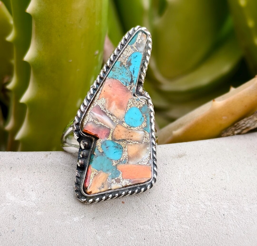 Lightning Bolt Spiny Oyster Turquoise Ring - Handmade 925 Sterling