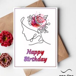 Carte d'anniversaire fille |  Art en une seule ligne | conception simple et élégante
