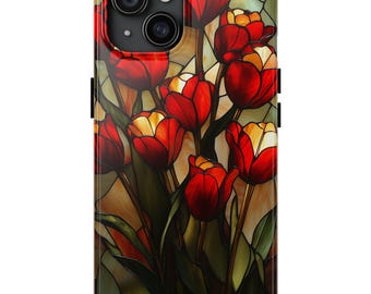Faux Stained Glass iPhone Case, Trendy Colorful Tulip Painted Glass Design, Red Tulips Birthday Gift for Her, iPhone x 13 14 15 16 & Samsung