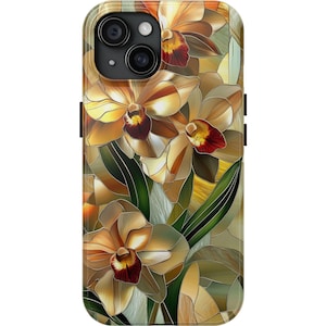 Custodia per iPhone in finto vetro colorato, design in vetro dipinto con orchidee vivaci, regalo di compleanno per lei con orchidea in fiore, iPhone 12, 13, 14, 15, 16 e Samsung