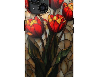 Faux Stained Glass iPhone Case, Vibrant Red Tulips Painted Glass Design, Blooming Tulip Birthday Gift for Her, iPhone 13 14 15 16 & Samsung