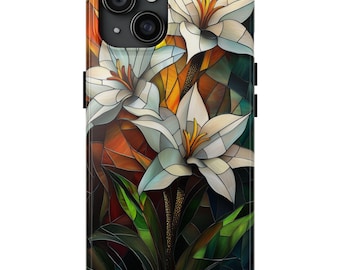 Custodia per iPhone con effetto vetro colorato, design artistico in vetro con gigli bianchi colorati, adorabile regalo di compleanno per lei, iPhone 13 14 15 16 e Samsung