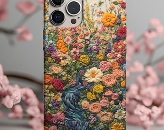 Floral Embroidery Style iPhone Case, Aesthetic Vintage Wildflower Scene, Blooming Birthday Gift for Her, Retro Look for iPhone & Samsung