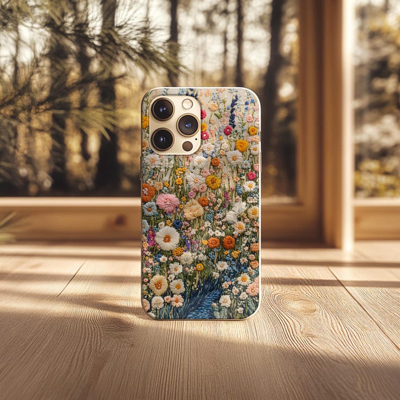 Blooming Flowers Embroidery Style iPhone Case, Perfect Gift for Her, Adorable Colorful Nature Art, Cute Floral Design for iPhone & Samsung image 10