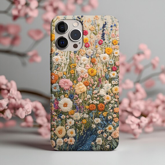 Blooming Flowers Embroidery Style iPhone Case, Perfect Gift for Her, Adorable Colorful Nature Art, Cute Floral Design for iPhone & Samsung