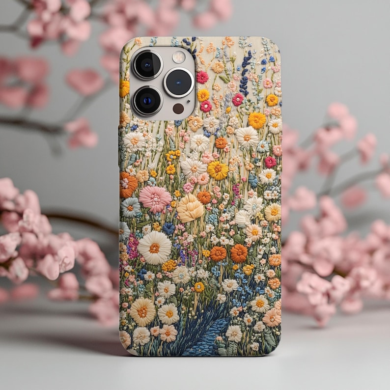 Blooming Flowers Embroidery Style iPhone Case, Perfect Gift for Her, Adorable Colorful Nature Art, Cute Floral Design for iPhone & Samsung
