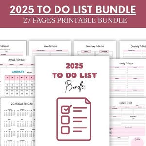 Puede incluir: Un paquete de listas de tareas imprimibles para 2025 con 27 páginas. El paquete incluye una variedad de plantillas de listas de tareas, incluidas listas de tareas diarias, semanales, mensuales y anuales. El paquete también incluye un calendario para 2025.
