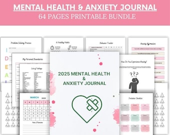May include: A printable mental health and anxiety journal bundle with 64 pages. The cover features a green heart with a bandage on it, surrounded by pink watercolor splatters. The title "2025 Mental Health & Anxiety Journal" is written in black text.