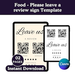 Leave Us a Review Sign Template, Social Media Sign, Facebook Google Review Sign, Qr Code Review Sign, Business Sign Canva Template